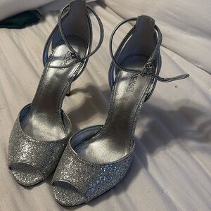 Michael Kors Silver Glitter Peep-Toe Ankle-Strap Heels
